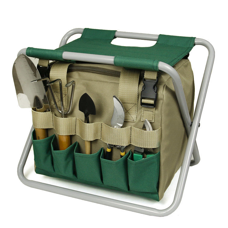 Gardening stool with tool holder and gardening tools on a white background