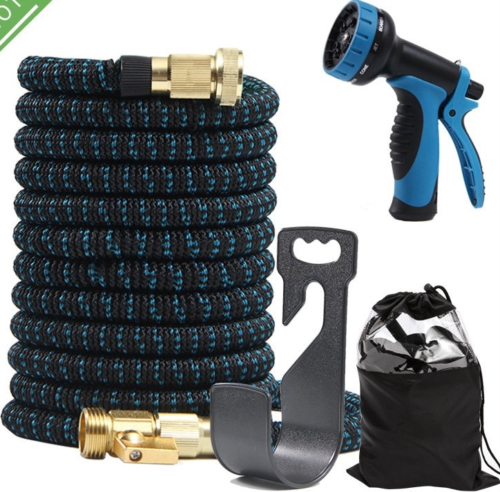 Expandable garden hose with spray nozzle, connectors, and carrying bag on a white background