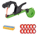 Tape gun with green casing, spool, tape rolls, and a box on a white background