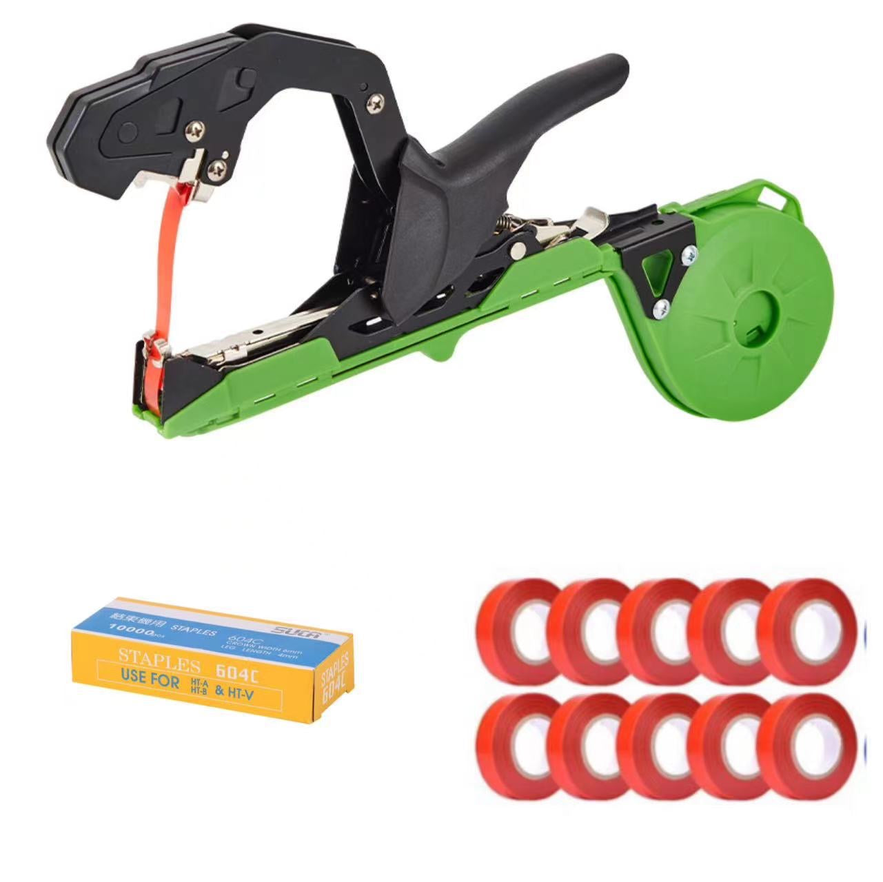 Tape gun with green casing, spool, tape rolls, and a box on a white background