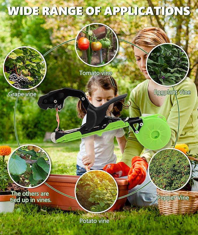 Woman and child using a garden trellis system with various plants shown around them.