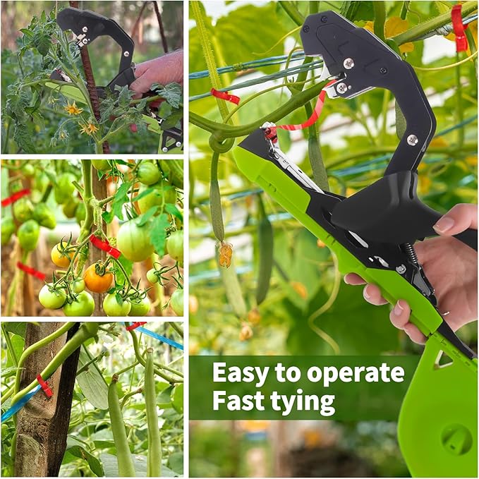 Gardening tool used to tie plants with text 'Easy to operate Fast tying' on a green background.