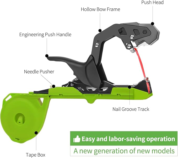 Green and black plant tying tool with labeled parts on a white background