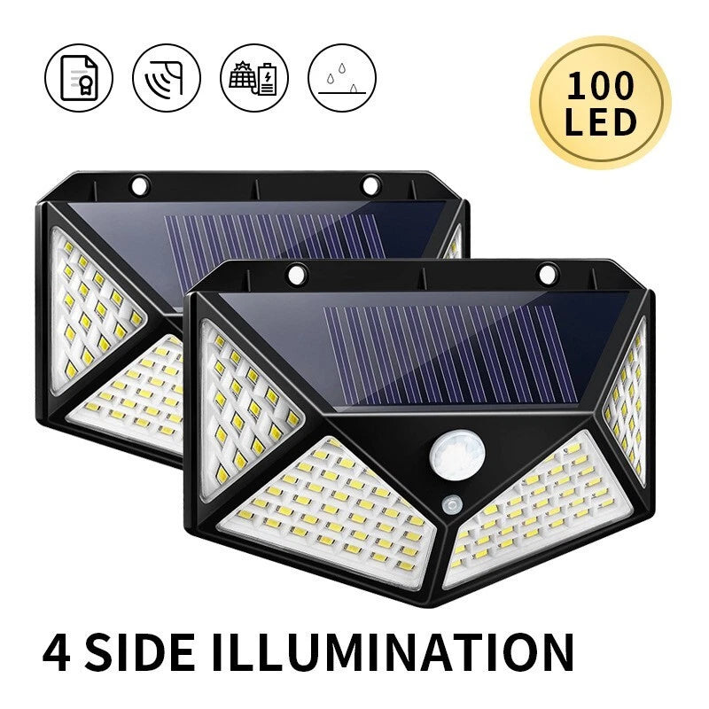Solar-powered outdoor lights with 100 LED lights on a white background.